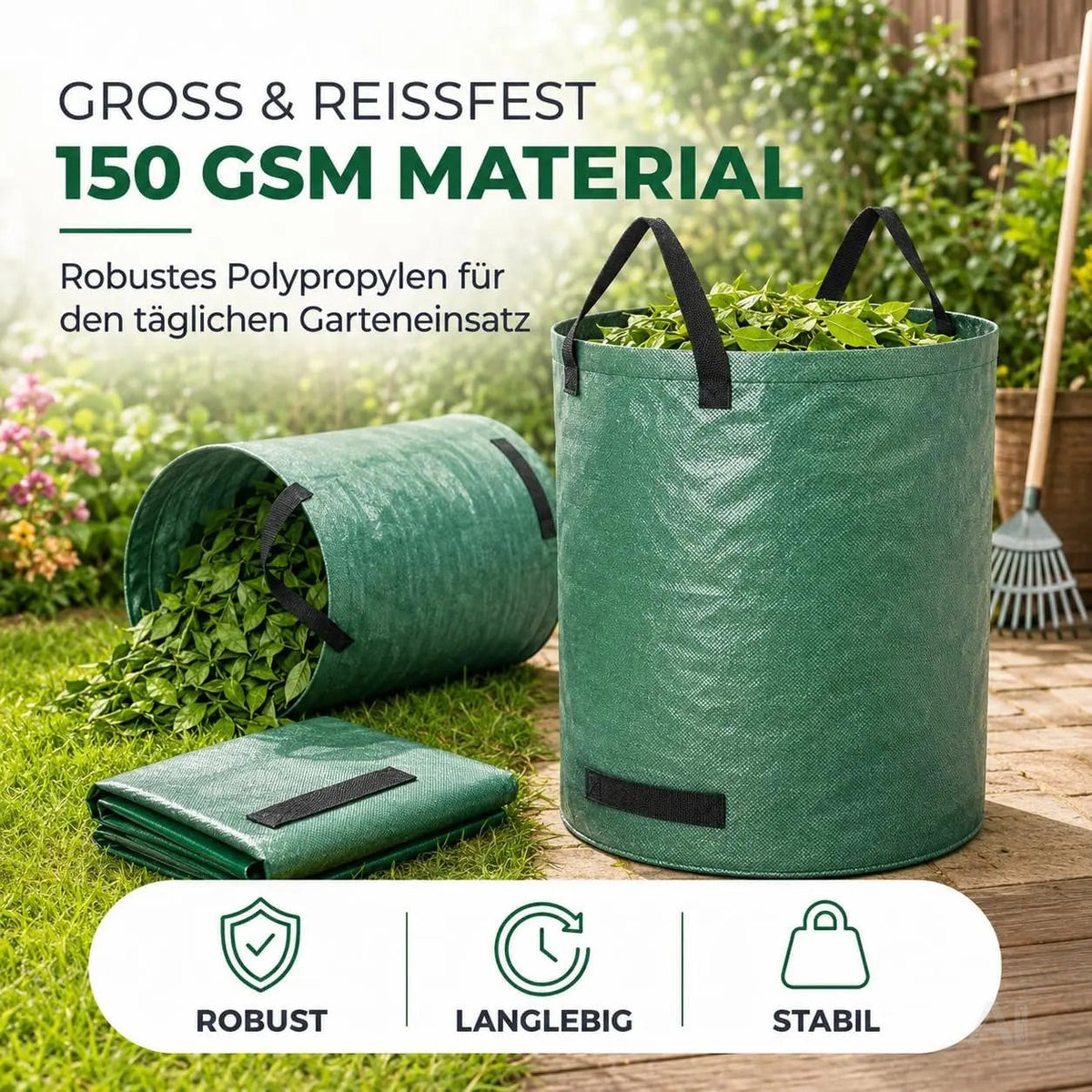 500 Liter Gartenabfallsack groß & reißfest – 150 GSM Laubsack aus Polypropylen – Gartensack – Detailansicht 3