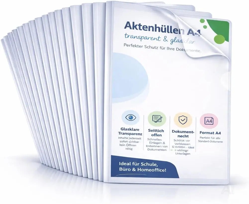 50x Aktenhüllen A4 transparent – Seitlich offene Klarsichthüllen aus dokumentenechter Klarsichtfolie – Glasklar für Dokumente
