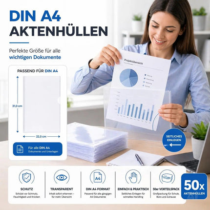 50x Aktenhüllen A4 transparent – Seitlich offene Klarsichthüllen aus dokumentenechter – Detailansicht 3
