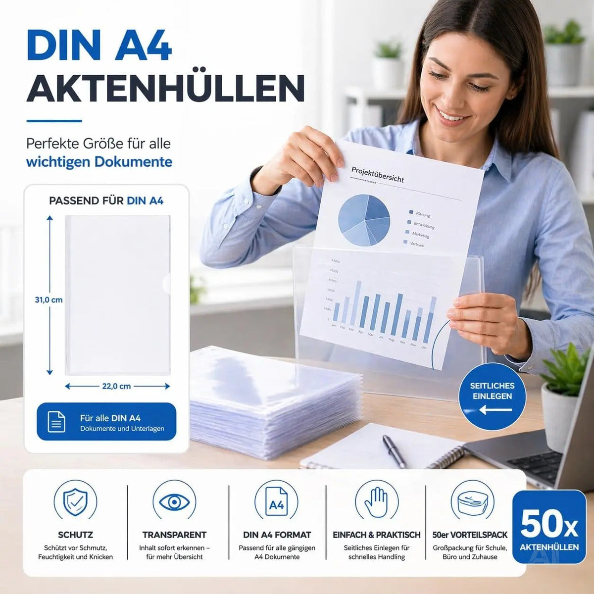 50x Aktenhüllen A4 transparent – Seitlich offene Klarsichthüllen aus dokumentenechter – Detailansicht 3