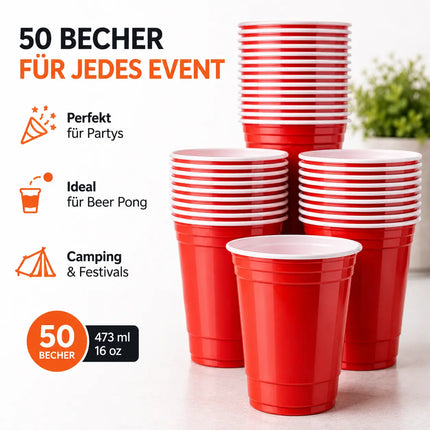 50x Beer Pong Becher wiederverwendbar 473 ml – extra stabile Red Cups für Bierpong, Partys, Festivals & JGA