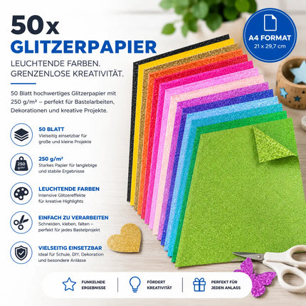 50x Blatt Papier Glitzerpapier Glitterpapier 300 g/m² - A4 Kopierpapier Druckerpapier bunt - 50 Blatt
