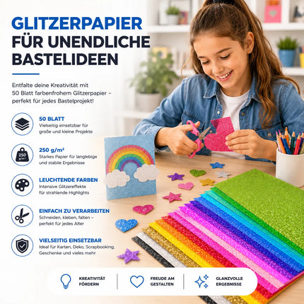 50x Buntes Glitzerpapier mit 250 g/m² - Ideal zum Basteln und Gestalten