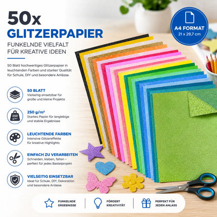 50x Buntes Glitzerpapier mit 250 g/m² - Ideal zum Basteln und Gestalten