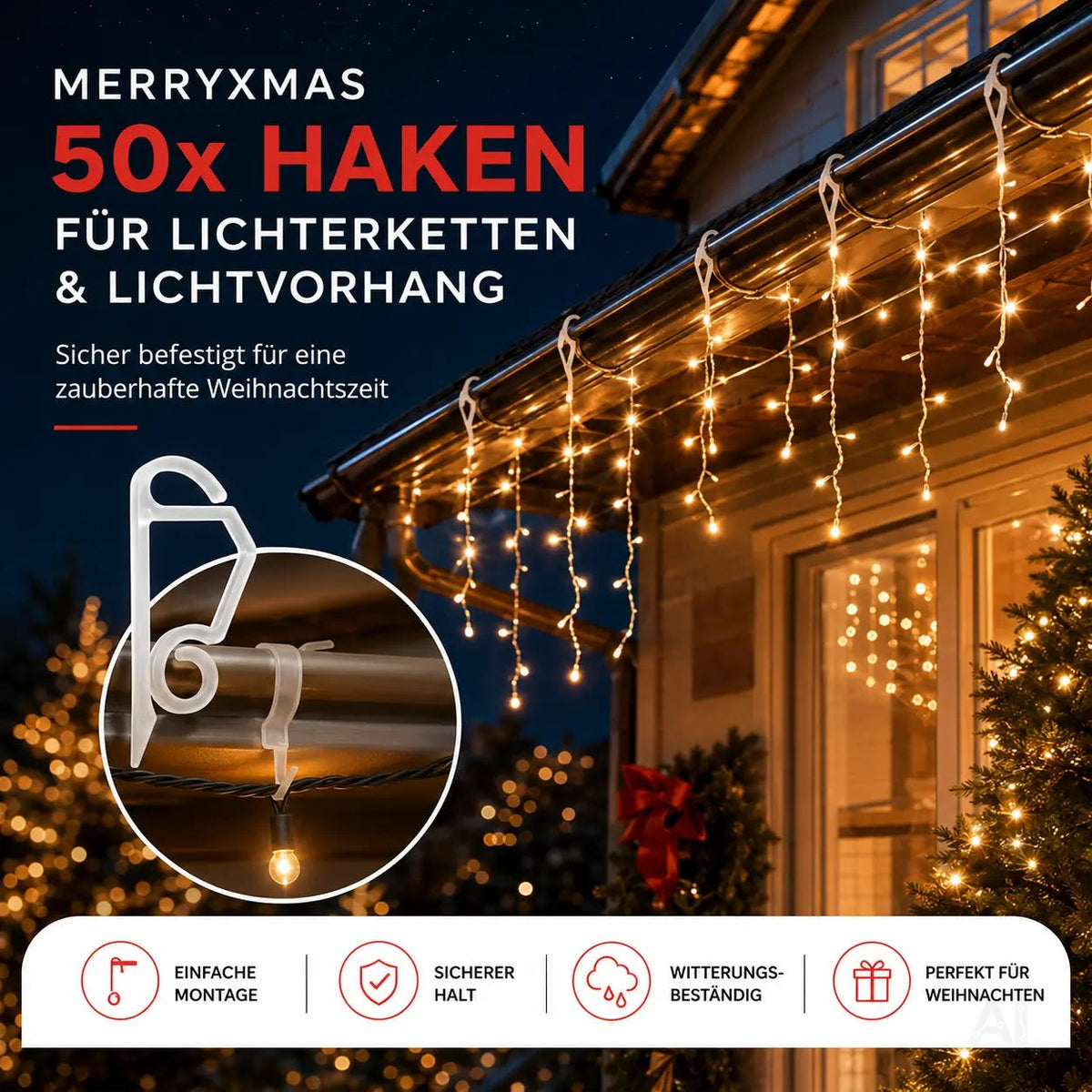 50x Clips Lichtvorhang & Lichterkette Haken Haken Halterung & Befestigung – Detailansicht 3