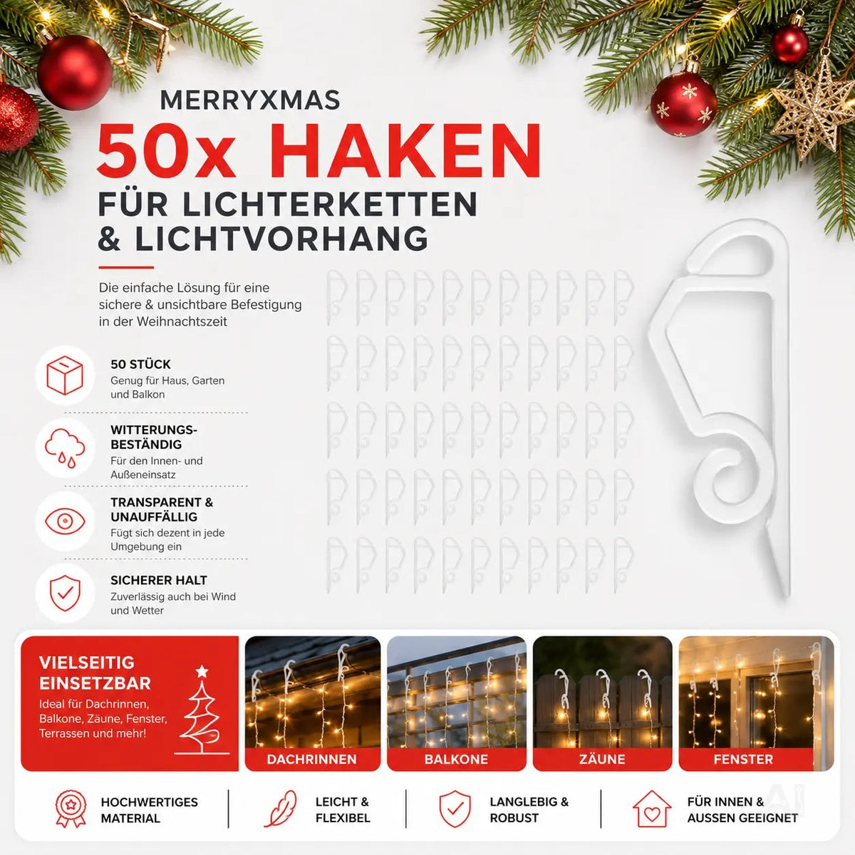 50x Clips Lichtvorhang & Lichterkette Haken Haken Halterung & Befestigung – Detailansicht 6