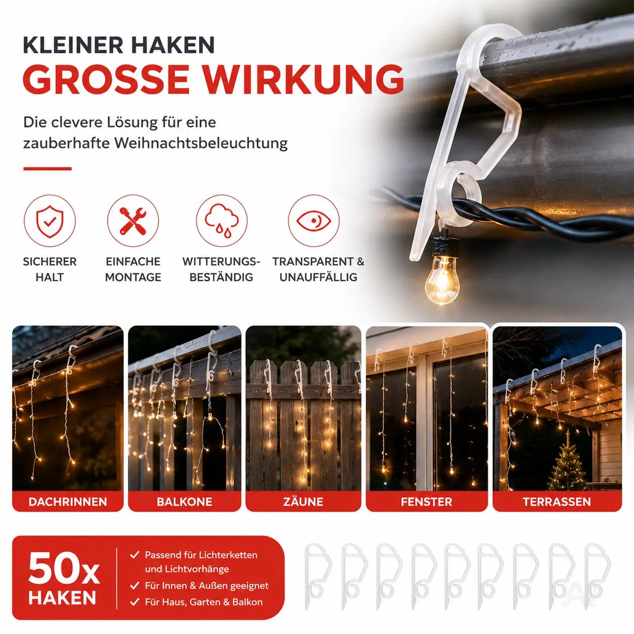 50x Clips Lichtvorhang & Lichterkette Haken Haken Halterung