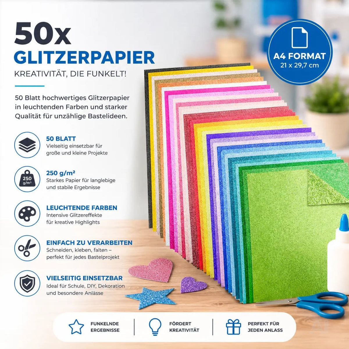 50x Glitzerpapier in A4: Buntes Glitter Papier mit 250 g/m² - Ideal für Bastelarbeiten – Verpackung 3