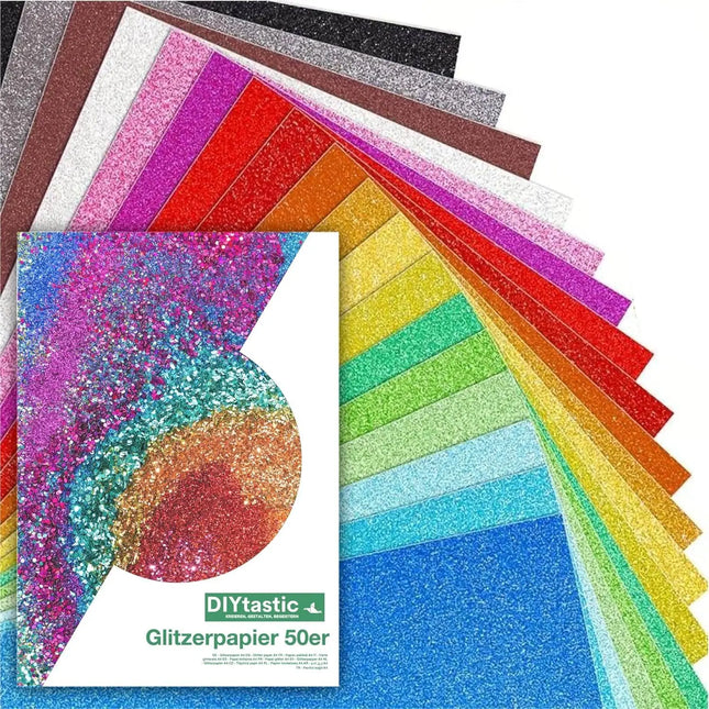 50x Glitzerpapier in A4: Buntes Glitter Papier mit 250 g/m² - Ideal für Bastelarbeiten und kreatives Gestalten - Fotokarton und Druckerpapier für Bastelpapier