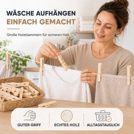 50x Klammern aus echtem Holz - Klammer groß Wäscheklammern Holzklammern -
