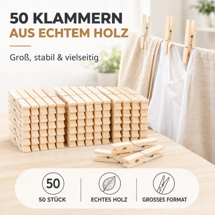 50x Klammern aus echtem Holz - Klammer groß Wäscheklammern Holzklammern -