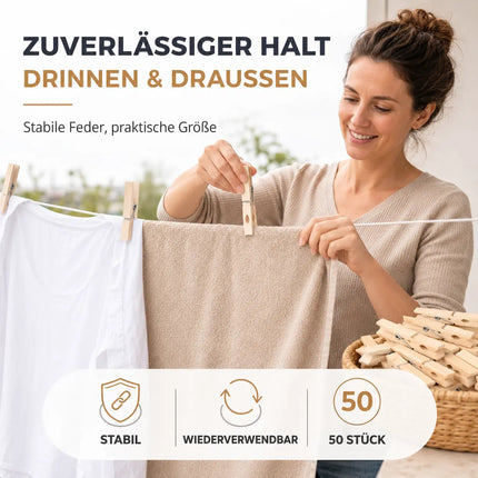 50x Klammern aus echtem Holz - Klammer groß Wäscheklammern Holzklammern -