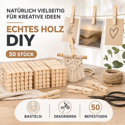 50x Klammern aus echtem Holz - Klammer groß Wäscheklammern Holzklammern -