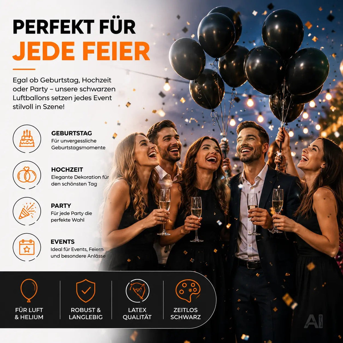 50x Luftballons Schwarz Ø 35 cm - Helium geeignet – Detailansicht 2
