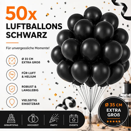 50x Luftballons Schwarz Ø 35 cm - Helium geeignet – Detailansicht 3