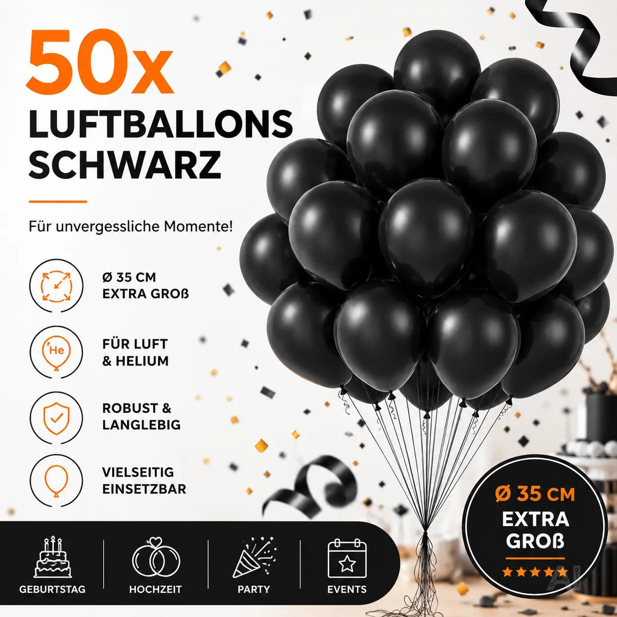 50x Luftballons Schwarz Ø 35 cm - Helium geeignet – Detailansicht 3