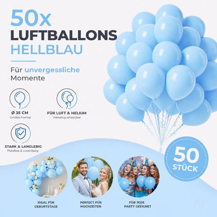 50x Luftballons hellblau Ø 35 cm für Geburtstag & Hochzeit & Party - Luft & Helium