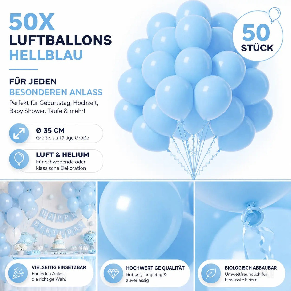 50x Luftballons hellblau Ø 35 cm für Geburtstag & Hochzeit & Party - Luft & Helium – Detailansicht 3