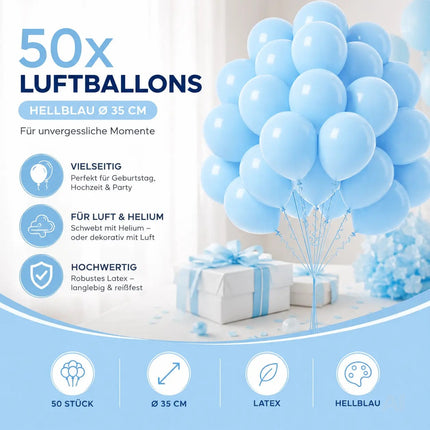 50x Luftballons hellblau Ø 35 cm für Geburtstag & Hochzeit & Party - Luft & Helium