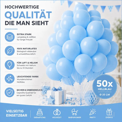 50x Luftballons hellblau Ø 35 cm für Geburtstag & Hochzeit & Party - Luft & Helium