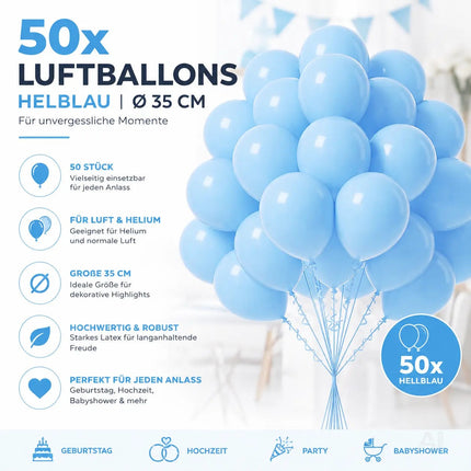 50x Luftballons hellblau Ø 35 cm für Geburtstag & Hochzeit & Party - Luft & Helium