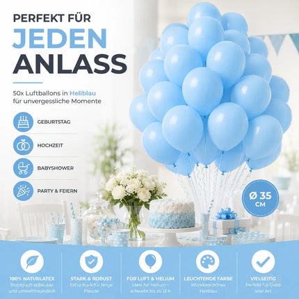 50x Luftballons hellblau Ø 35 cm für Geburtstag & Hochzeit & Party - Luft & Helium