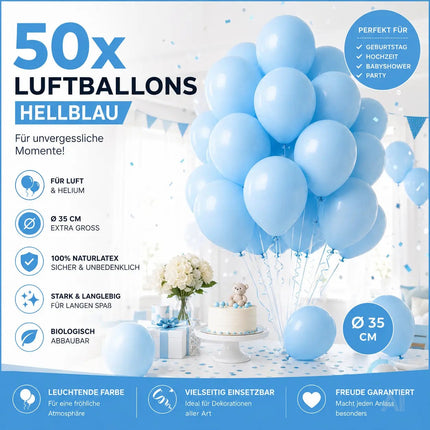 50x Luftballons hellblau Ø 35 cm für Geburtstag & Hochzeit & Party - Luft & Helium