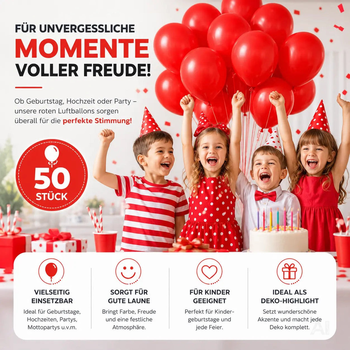 50x Luftballons rot Ø 35 cm - Helium geeignet - Kein Plastik – Detailansicht 2