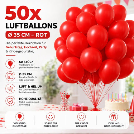 50x Luftballons rot Ø 35 cm - Helium geeignet - Kein Plastik