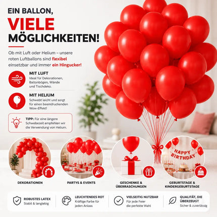 50x Luftballons rot Ø 35 cm - Helium geeignet - Kein Plastik