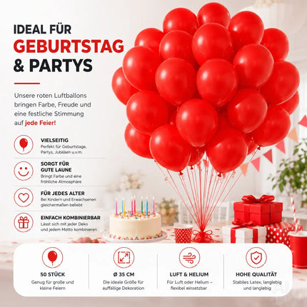 50x Luftballons rot Ø 35 cm - Helium geeignet - Kein Plastik