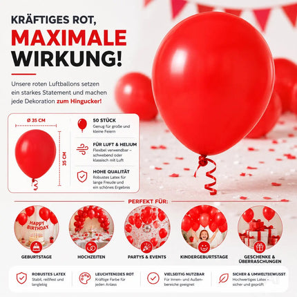 50x Luftballons rot Ø 35 cm - Helium geeignet - Kein Plastik