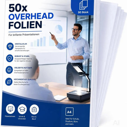 50x Overheadfolie transparent DIN A4 – Extra dicke OHP Folien für Laserdrucker & Kopierer
