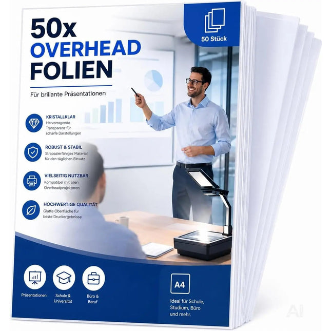 50x Overheadfolie transparent DIN A4 – Extra dicke OHP Folien für Laserdrucker & Kopierer – Hochwertige Kopierfolie mit klarer Druck- & Projektionsqualität