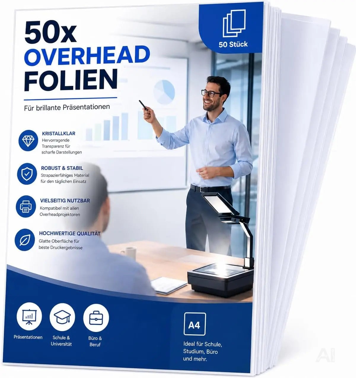 50x Overheadfolie transparent DIN A4 – Extra dicke OHP Folien für Laserdrucker & Kopierer – Hochwertige Kopierfolie mit klarer Druck- & Projektionsqualität