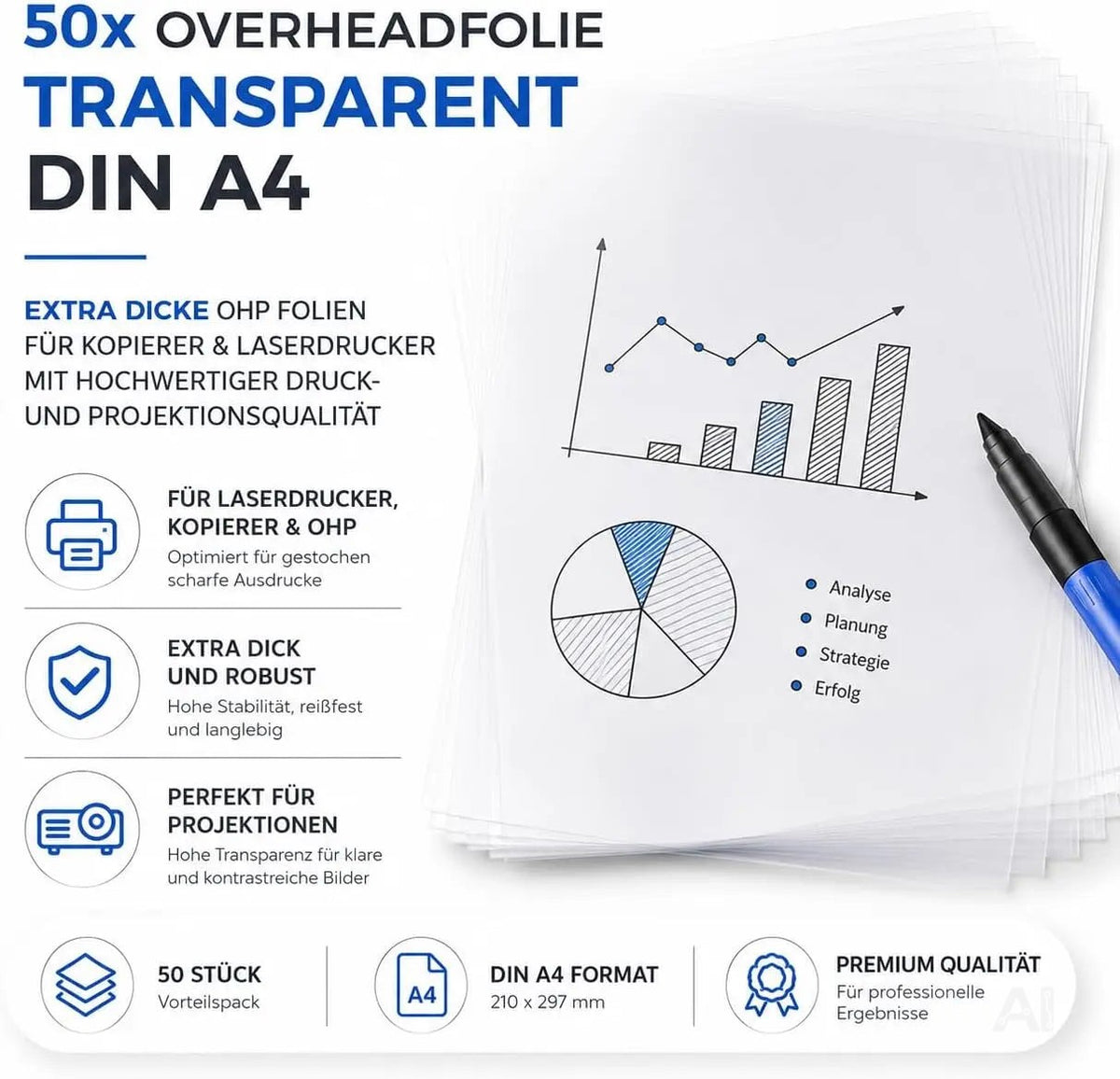 50x Overheadfolie transparent DIN A4 – Extra dicke OHP Folien für Laserdrucker & Kopierer – Detailansicht 3