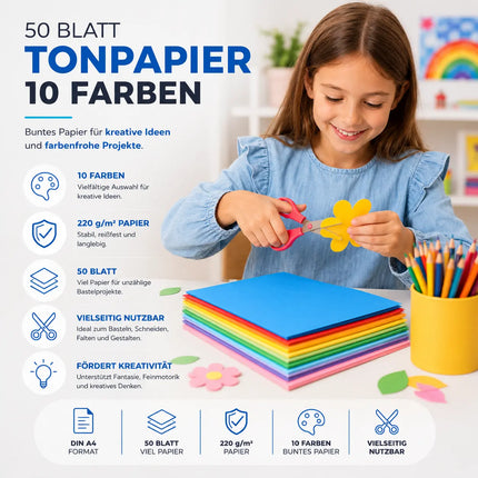 50x Papier bunt - 220 g/m² - Bastelpapier & Buntpapier - für Drucker & Basteln - Tonpapier & Tonkarton