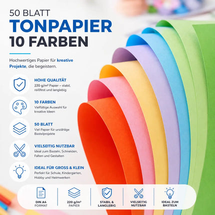 50x Papier bunt - 220 g/m² - Bastelpapier & Buntpapier - für Drucker & Basteln - Tonpapier & Tonkarton