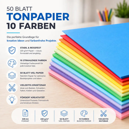 50x Papier bunt - 220 g/m² - Bastelpapier & Buntpapier - für Drucker & Basteln - Tonpapier & Tonkarton