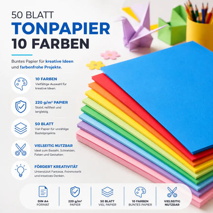 50x Papier bunt - 220 g/m² - Bastelpapier & Buntpapier - für Drucker & Basteln - Tonpapier & Tonkarton