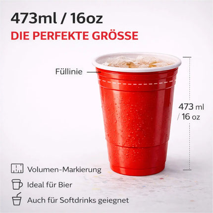50x Partybecher Beer Pong 16 oz / 473 ml – wiederverwendbare Red Cups extra stabil für Partys & Festivals