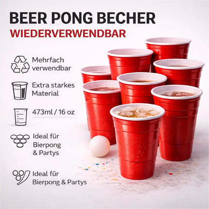 50x Partybecher Beer Pong 16 oz / 473 ml – wiederverwendbare Red Cups extra stabil für Partys & Festivals