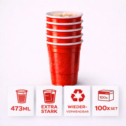 50x Partybecher Beer Pong 16 oz / 473 ml – wiederverwendbare Red Cups extra stabil für Partys & Festivals