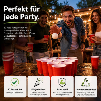 50x Partybecher Beer Pong 16 oz / 473 ml – wiederverwendbare Red Cups extra stabil für Partys & Festivals