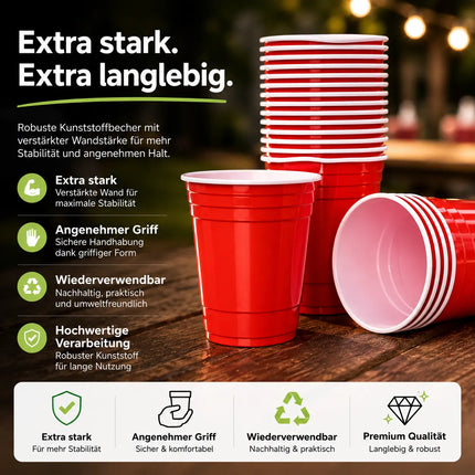 50x Partybecher Beer Pong 16 oz / 473 ml – wiederverwendbare Red Cups extra stabil für Partys & Festivals