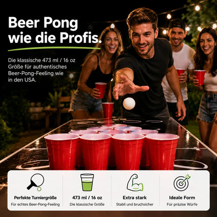 50x Partybecher Beer Pong 16 oz / 473 ml – wiederverwendbare Red Cups extra stabil für Partys & Festivals