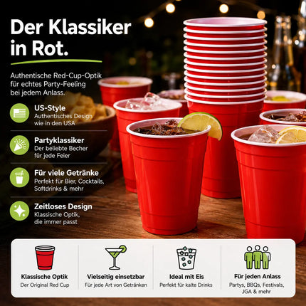 50x Partybecher Beer Pong 16 oz / 473 ml – wiederverwendbare Red Cups extra stabil für Partys & Festivals