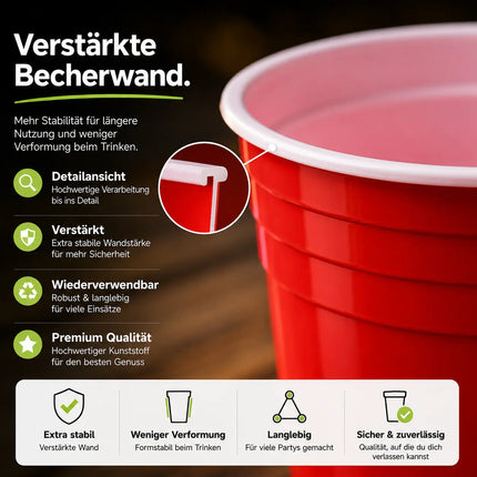 50x Partybecher Beer Pong 16 oz / 473 ml – wiederverwendbare Red Cups extra stabil für Partys & Festivals