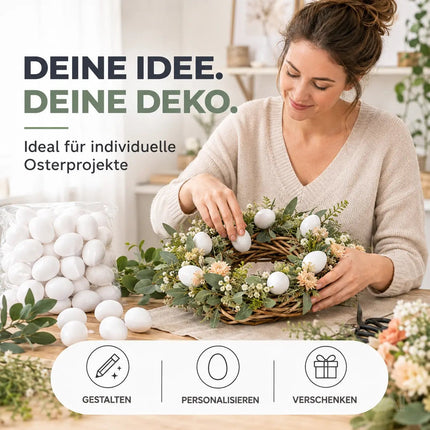 50x Plastikeier – weiße Kunststoffeier 6 cm zum Bemalen & Basteln – Ostern Dekoeier für Deko und Dekoration