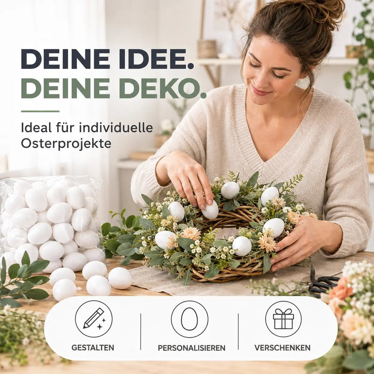 50x Plastikeier – weiße Kunststoffeier 6 cm zum Bemalen & Basteln – Ostern Dekoeier für Deko – Detailansicht 2
